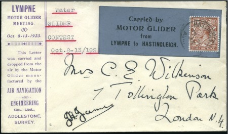 Stamp of Great Britain 1923 (Oct 13) Lympne Motor Glider flight cover fro