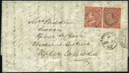 Stamp of Great Britain » 1855-1900 Surface Printed 1862 (Jan 31) Entire to Canada with 1862-64 4d pl.