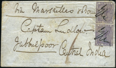 Stamp of Great Britain » 1855-1900 Surface Printed 1856 (Dec) Envelope to India with vert. pair of 18