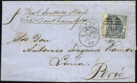 Stamp of Great Britain » 1855-1900 Surface Printed 1869 (Jan 7) Entire to PERU with 1867-80 2s COBALT