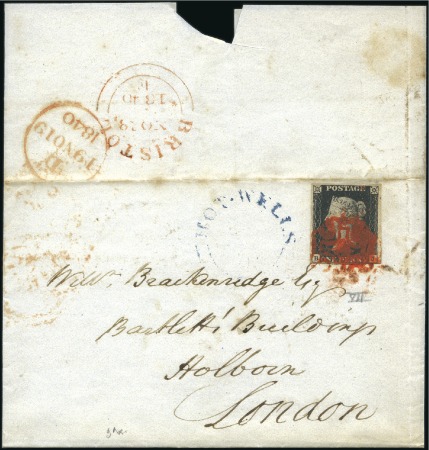 Stamp of Great Britain » 1840 1d Black and 1d Red plates 1a to 11 Plate 7 BJ, fine to large margins, tied on wrapper