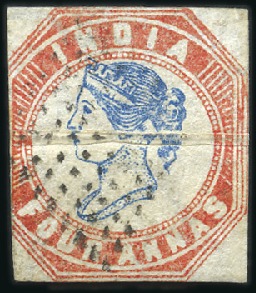 Stamp of India 1854 4a red & blue, Head Die III, Frame Die I, use