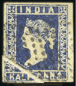 Stamp of India 1854 1/2a blue, Die I, used with diamond of dots &