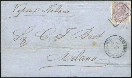 Stamp of Egypt » Italian Post Offices 1865 Folded cover to Italy with 60c mauve tied by