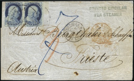 Stamp of United States 1856 Wrapper to TRIESTE franked 1c blue pair (cut