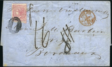 Stamp of Mauritius 1860 Entire to France with 1860-63 4d rose tied by