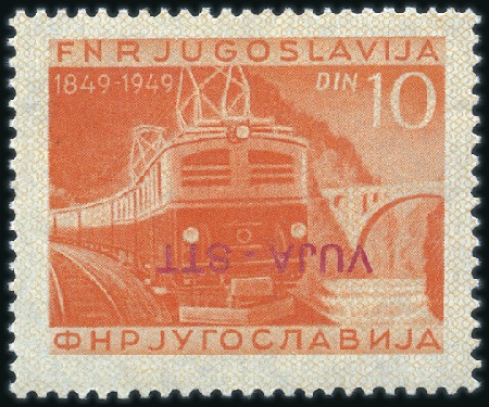 Stamp of Italy » Trieste » Trieste Zone B 1950 Train Anniversary 10D with inverted overprint