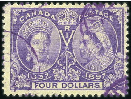 Stamp of Canada 1897 Jubilee $4 violet, used, vivid colour and att