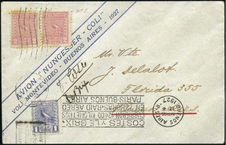 Stamp of Uruguay 1927 (22 Nov.) Cover flown on "Nungesser-Coli" pla