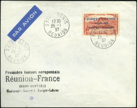 Stamp of Colonies françaises » Réunion 1937 50c ROLAND GARROS avec surcharge renversée ob