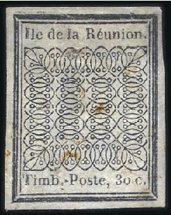 Stamp of Colonies françaises » Réunion 1852 30c noir sur azuré, neuf bien margé, aminci e