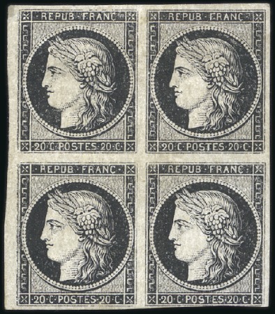 Stamp of France 1849 20c noir sur blanc en bloc de 4 neuf, deux pe