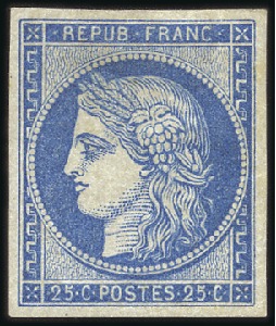 Stamp of France 1849 25c bleu, réimpression officielle de 1862, ne