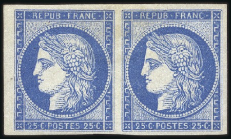 Stamp of France 1849 25c bleu en paire avec petit bdf, réimpressio