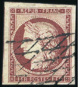 Stamp of France 1849 1F carmin avec voisin à gauche, obl., TB, sig