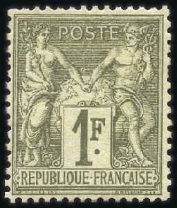 Stamp of France 1876-78 Sage N sous B, 1F bronze, neuf, TB, signé 
