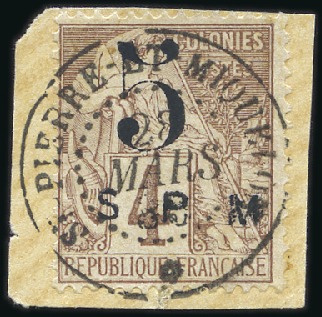Stamp of Colonies françaises » St. Pierre et Miquelon 1885 5 sur 4c lilas-brun obl. sur fragment, TB