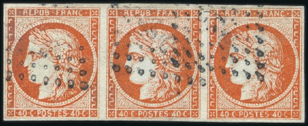 Stamp of France 1849 40c orange vif en bande de trois, obl. DS2, b