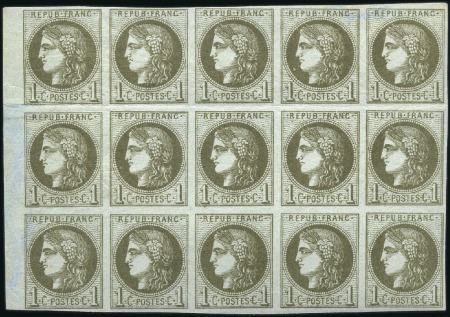 Stamp of France 1870 Bordeaux 1c olive Report I en bloc report de 