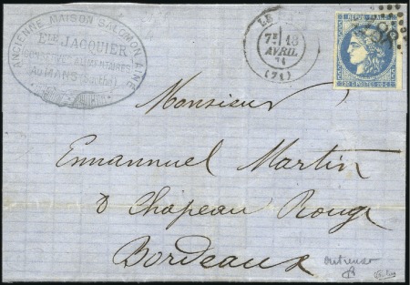 Stamp of France 1870 Bordeaux 20c OUTREMER Type III Report 1 obl. 