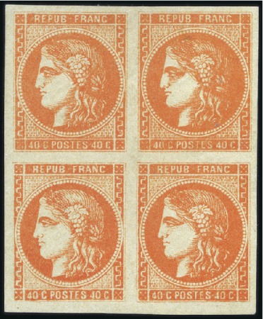 Stamp of France 1870 Bordeaux 40c orange en bloc de quatre neuf, T