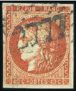 Stamp of France 1870 Bordeaux 40c ROUGE SANG CLAIR obl. GC2777 de 