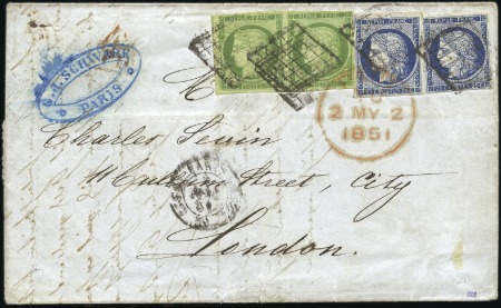 Stamp of France 1849 15c vert en paire avec voisin +25c bleu (x2),