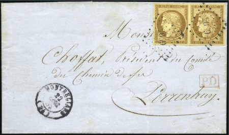 Stamp of France 1849 10c bistre-jaune en paire bien margé obl. PC