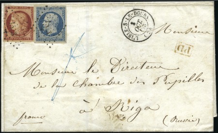 Stamp of France 1849 1F carmin (touché) +25c Présidence obl. PC su