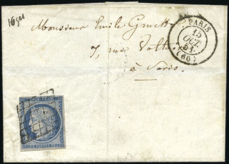 Stamp of France 1849 25c bleu, bien margé, obl. grille sur lettre