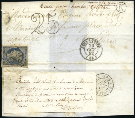 Stamp of France 1849 25c bleu ayant déjà servi et remis sur une le