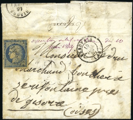 Stamp of France 1849 25c bleu ayant déjà servi sur lettre taxée de