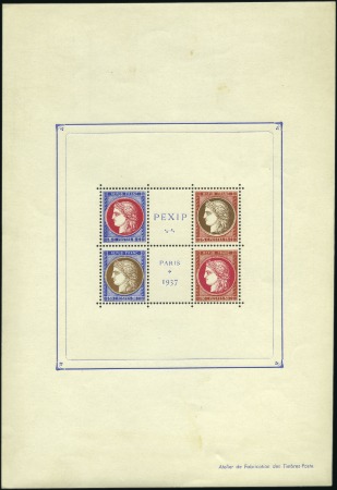 Stamp of France 1937 Bloc PEXIP: deux essais sur papier gommé, un 