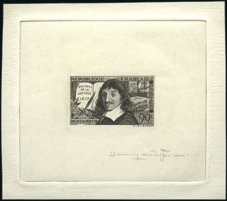 Stamp of France 1937 Descartes: deux épreuves d'artiste, "sur" et 