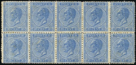 Stamp of Belgium » Belgique. Léopold 1er - Nouveau Type - Émission 20c bleu en bloc de dix, deux timbres amincis, les
