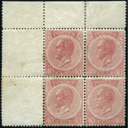 Stamp of Belgium » Belgique. Léopold 1er - Nouveau Type - Émission 40c rose carminé en bloc de quatre avec coin de fe
