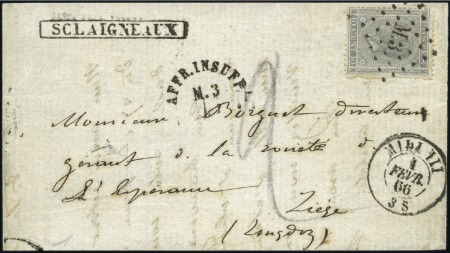 Stamp of Belgium » Belgique. Léopold 1er - Nouveau Type - Émission 10c gris obl. M3 sur lettre avec griffe encadrée "