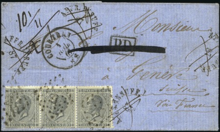 Stamp of Belgium » Belgique. Léopold 1er - Nouveau Type - Émission 10c gris en bande de trois obl. "87" sur lettre pe