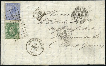 Stamp of Belgium » Belgique. Léopold 1er - Nouveau Type - Affranchissements mixtes, composés, etc. 20c bleu en combinaison avec 10c vert de 1869 sur 