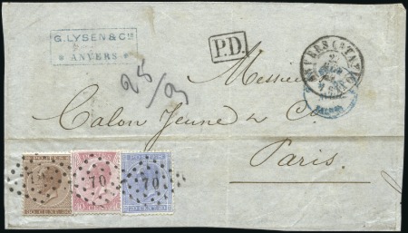 Stamp of Belgium » Belgique. Léopold 1er - Nouveau Type - Émission 20c bleu + 30c brun + 40c rose sur devant de lettr