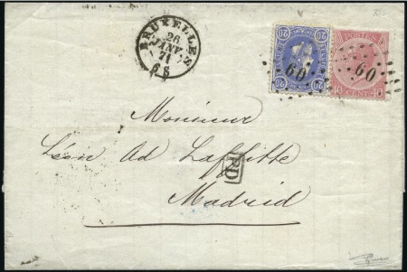 Stamp of Belgium » Belgique. Léopold 1er - Nouveau Type - Affranchissements mixtes, composés, etc. 40c rose pâle en combinaison avec 20c bleu de 1869