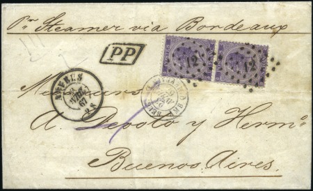 Stamp of Belgium » Belgique. Léopold 1er - Nouveau Type - Émission 1F violet en paire sur lettre d'Anvers 23.04.1867 
