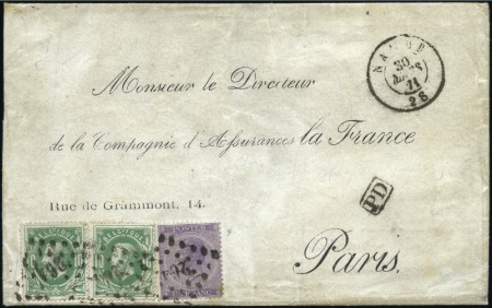 Stamp of Belgium » Belgique. Léopold 1er - Nouveau Type - Affranchissements mixtes, composés, etc. 1F violet en combinaison avec une paire de 10c ver