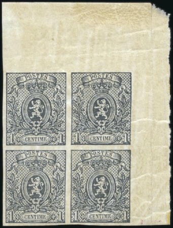 Stamp of Belgium » Belgique. 1866-67 Petit Lion - Émission 1c gris en bloc de quatre non-dentelé, coin de feu