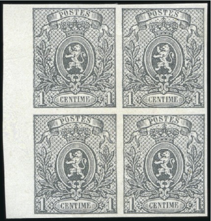 Stamp of Belgium » Belgique. 1866-67 Petit Lion - La Genèse 1c gris-bleu, épreuve de la planche en bloc de qua