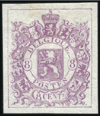 Stamp of Belgium » Belgique. 1866-67 Petit Lion - La Genèse 8c Type non adopté, épreuve du coin en violet sur 