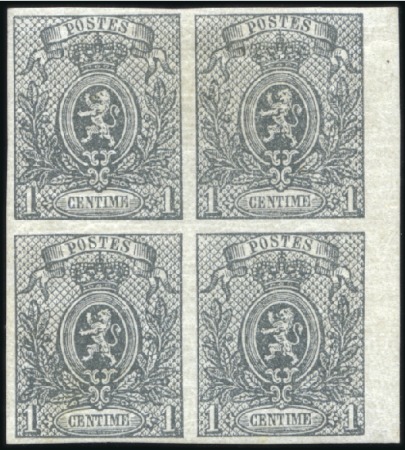 Stamp of Belgium » Belgique. 1866-67 Petit Lion - Émission 1c gris en bloc de quatre non-dentelé, bord de feu