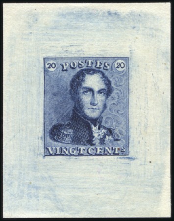 Stamp of Belgium » Belgique. 1849 Epaulettes, La Genèse - Épreuves 20c Bleu, épreuve de coin sur papier blanc mince, 