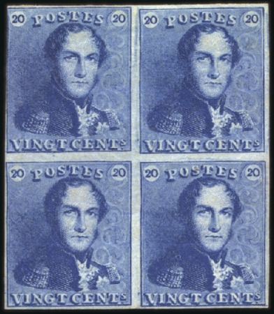 Stamp of Belgium » Belgique. 1849 Epaulettes - Annulations Moens 20c Bleu en bloc de quatre, annulation Moens lavée