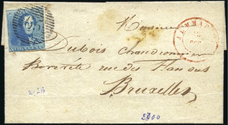 Stamp of Belgium » Belgique. 1849 Epaulettes - Émission 20c Bleu laiteux, 3 marges, oblitération de la per